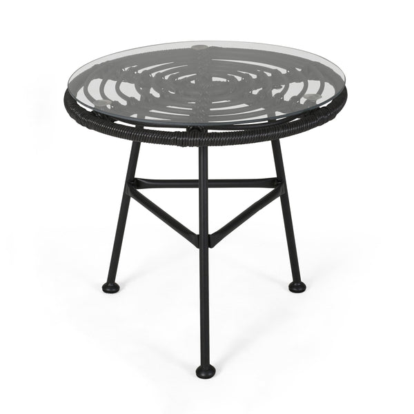 English Elm Orlando Outdoor Faux Rattan Side Table Tempered Glass Top for Deck or Porch 65038.00GRY