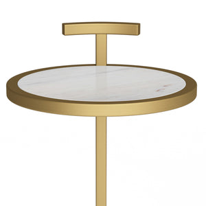 English Elm Brook Marble C Side Table White Marble Top with Gold Metal Base — Modern C-Shape Slide-Under End Table (24") B136P159927