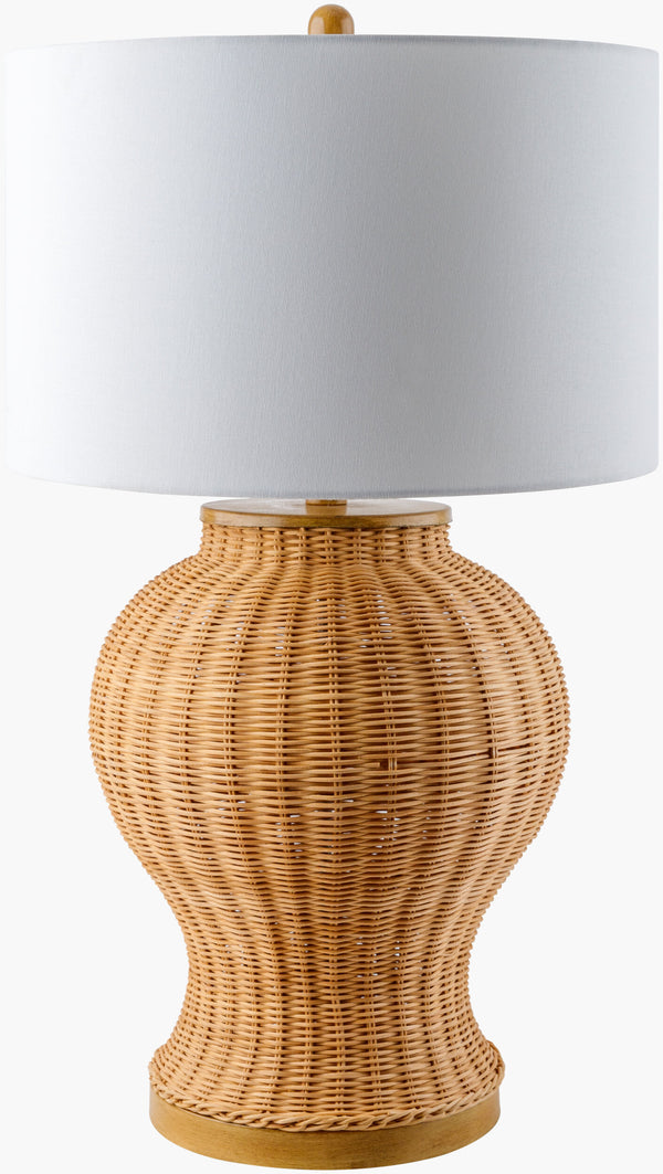 Surya Ziran Rattan Accent Table Lamp - 26" Rustic Charm With Linen Shade For Cozy Cottage Ambiance Body, Beige,Base, Brown,Shade, White,Finial, Beige,Harp, Metallic ,Gold,Cord, Translucent Rattan,Linen,Iron Zir-002