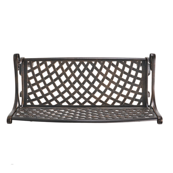 English Elm Spencer Cast Aluminum Outdoor Bench Antique Copper Finish Scrolled Arms Garden Patio 50327.00LVS