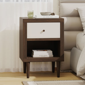 English Elm 1-drawer Nightstand with Splayed Rubberwood Legs and Open Shelf Mid-century Bedroom 72036.00
