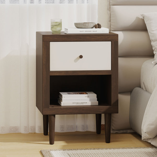 English Elm 1-drawer Nightstand with Splayed Rubberwood Legs and Open Shelf Mid-century Bedroom 72036.00