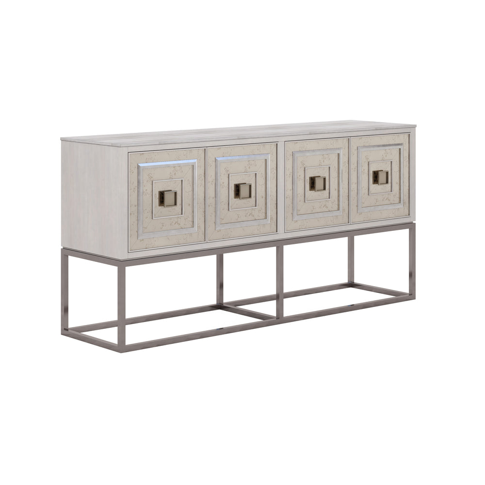 A.R.T. Furniture Mezzanine Accent/Media Console - Dove Gray With Honed Travertine Top & Mirrored Doors For Stylish Storage Light Gray Parawood And Poplar Solids,Maple Veneer,Mirror,Travertine,Steel 325334-2249