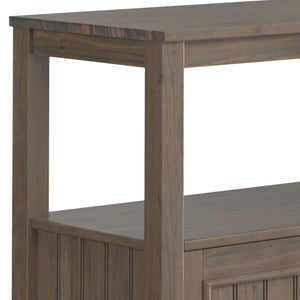 English Elm Lev Smoky Brown Console Table with 3 Doors, Open Shelf & Brushed Bronze Handles — Solid Wood Transitional Design B136P158815