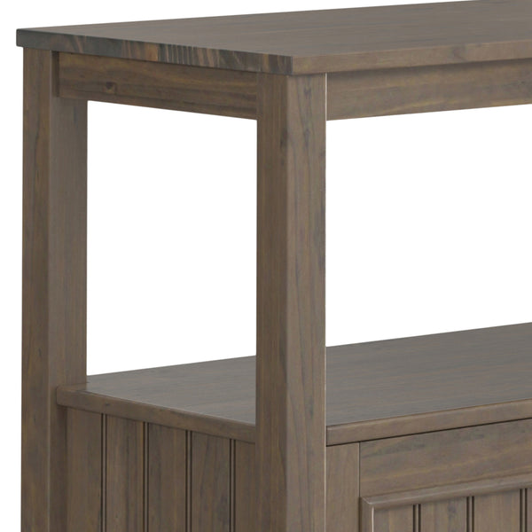English Elm Lev Smoky Brown Console Table with 3 Doors, Open Shelf & Brushed Bronze Handles — Solid Wood Transitional Design B136P158815