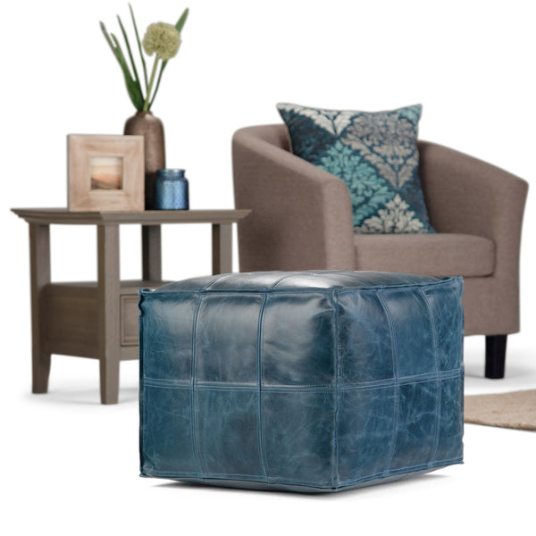 English Elm Manning Teal Square Pouf Ottoman - Handcrafted Genuine Buffalo Leather, Dense Fill, Versatile Accent Seat B136P159342