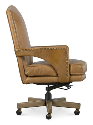 Hooker Furniture Rochelle Executive Swivel Tilt Chair With Two-Tone Aniline Leather, Hair-On-Hide Accent, Nailhead Trim Brown EC845-080