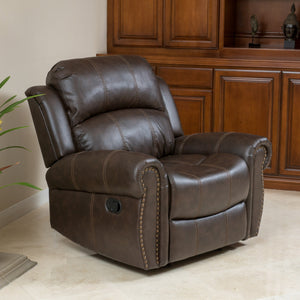 English Elm Christopher Knight Home® - GLIDING Recliner with Faux Leather Upholstery, Nailhead Trim, Foam Support and Pushback Comfort Dark Brown 57339.00PU
