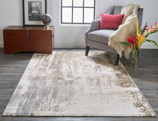 Feizy Rugs Parker Abstract Distressed Rug - Contemporary Viscose And Polyester Design For Modern Interiors Tan,Ivory,Gray Viscose,Polyester Prk3709fgrybgej00