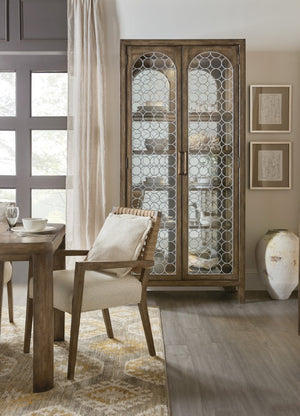 Hooker Furniture Sundance Pecan Display Cabinet With Antique Mirror Back, Metal Fretwork, Adjustable Glass Shelves & Lighting 6015-75906-89