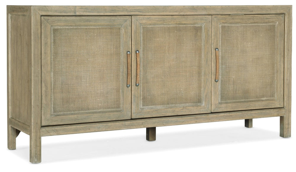 Hooker Furniture Surfrider Driftwood Media Console With Rattan Doors, Rope Hardware, Ventilated Shelves & Outlet 6015-55465-80