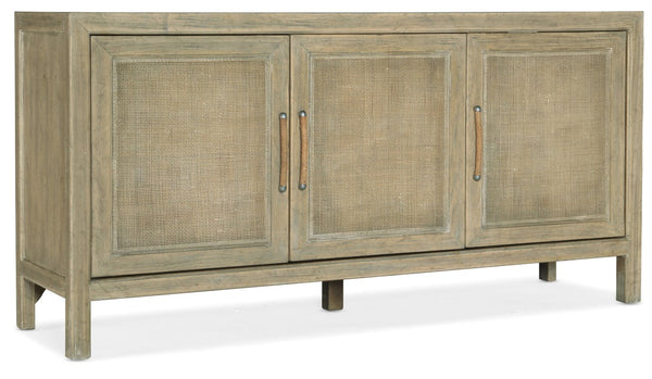 Hooker Furniture Surfrider Driftwood Media Console With Rattan Doors, Rope Hardware, Ventilated Shelves & Outlet 6015-55465-80