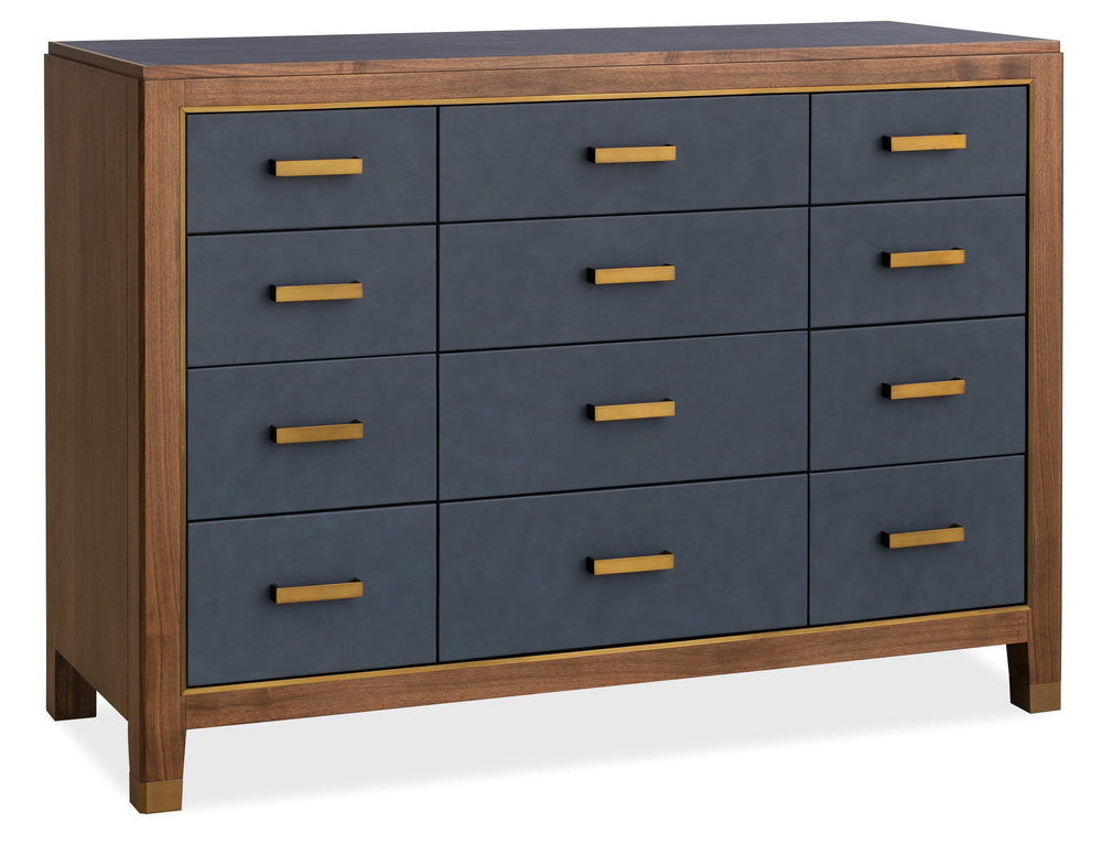Hooker Furniture Melange Geneva 12 Drawer Walnut Chest with Navy Leather Fronts and Brass Pulls 628-90011-45