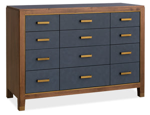 Hooker Furniture Melange Geneva 12 Drawer Walnut Chest with Navy Leather Fronts and Brass Pulls 628-90011-45