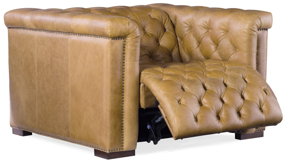 Hooker Furniture Savion Grandier Power Recliner In Giovanni Taupe Leather With Tufted Back, Nailhead Trim, Power Headrest Light Brown SS434-P1-086