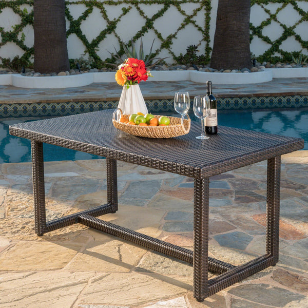 English Elm Christopher Knight Home® - SANTA rattan dining table with water-resistant iron frame, woven patio centerpiece for outdoor entertaining Brown Multi 62.5 L x 38 W x 6 H 62003.00MBRN