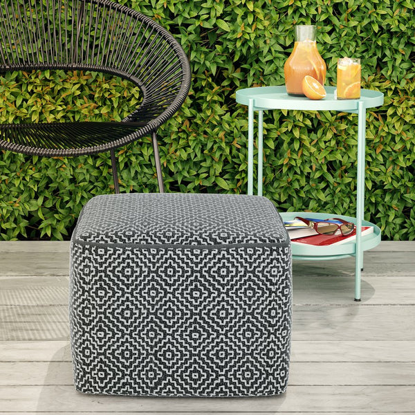 English Elm Briella Square Woven Outdoor-Indoor Pouf Grey/White – Handcrafted 100% Recycled PET, UV & Water Resistant Seat B136P159020