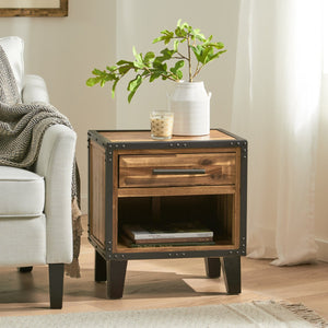 English Elm Christopher Knight Home® - BRIGHTON Acacia Wood Nightstand with Drawer & Open Shelf, Industrial Iron Frame, Natural Finish - Compact 20"x15" Accent Table for Bedroom Storage and Style 54716.00