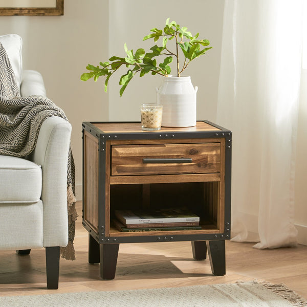 English Elm Christopher Knight Home® - BRIGHTON Acacia Wood Nightstand with Drawer & Open Shelf, Industrial Iron Frame, Natural Finish - Compact 20"x15" Accent Table for Bedroom Storage and Style 54716.00