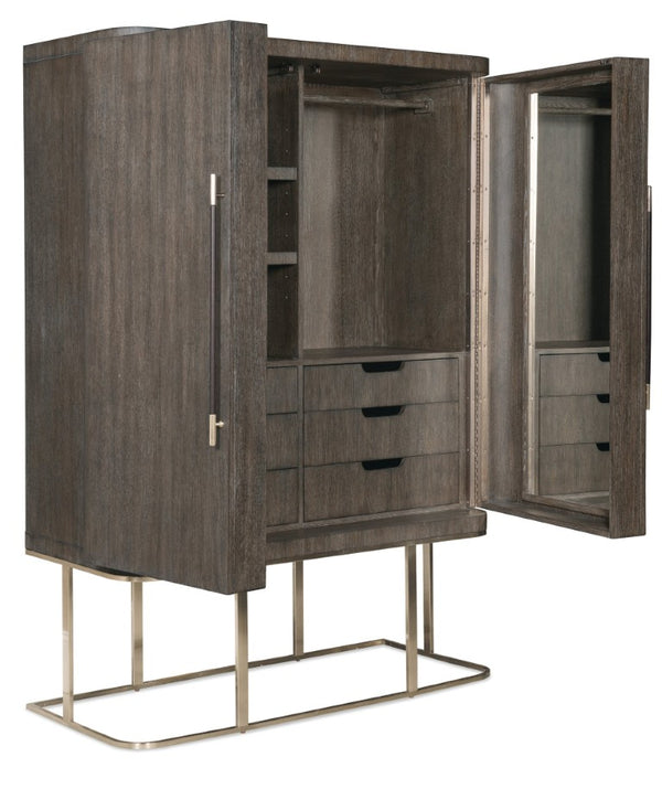 Hooker Furniture Modern Mood Wardrobe With Floating Base, Oak Veneer, Integrated Mirror & Jewelry Organization Elegance Medium Brown 6850-90013-89