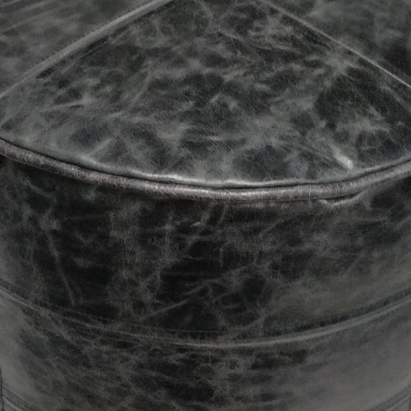 English Elm Connor Round Pouf In Distressed Black Leather – Rustic Style Footstool & Accent Furniture Piece B136P159338