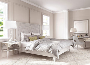 A.R.T. Furniture Mezzanine Night Table In Dove Gray - Elegant Arched Frame With Travertine Top & Antique Mirror Finish Light Gray Parawood And Poplar Solids,Maple Veneer,Mirror,Travertine 325141-2249