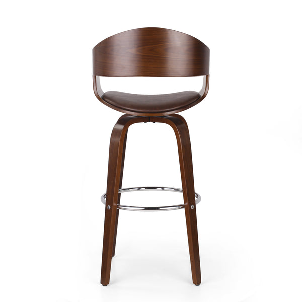 English Elm Christopher Knight Home® - BAR STOOL Mid-Century Modern Faux Leather Swivel with Walnut Veneer Frame and Chrome Footrest Dark Brown 67494.00PUDBRN