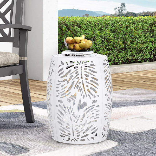 English Elm Metal Cylindrical Accent Table Powder Coated Iron with Tropical Palm Leaf Lattice Design White 73613.00WHI