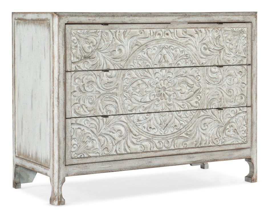 Hooker Furniture La Grange Lockhart Moroccan-Pattern Three-Drawer Accent Chest In Antique White—Boho Storage Elegance 6960-50007-02