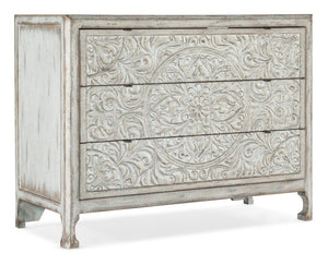 Hooker Furniture La Grange Lockhart Moroccan-Pattern Three-Drawer Accent Chest In Antique White—Boho Storage Elegance 6960-50007-02