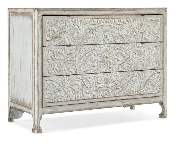 Hooker Furniture La Grange Lockhart Moroccan-Pattern Three-Drawer Accent Chest In Antique White—Boho Storage Elegance 6960-50007-02