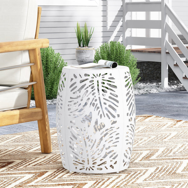English Elm Metal Cylindrical Accent Table Powder Coated Iron with Tropical Palm Leaf Lattice Design White 73613.00WHI