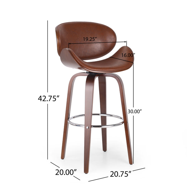 English Elm Christopher Knight Home® - 30" Mid-Century Modern Upholstered Swivel Barstool with Beech Frame, Concave Seat, Easy-Clean Leather Finish Brown 67493.00PUCOGN