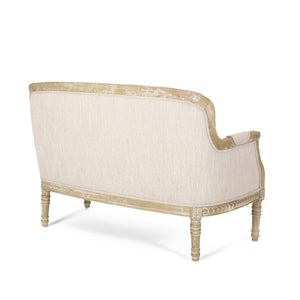 English Elm Loveseat French Country Style Turned Legs Padded Upholstery Compact Sitting Room Sofa 71063.00BGE