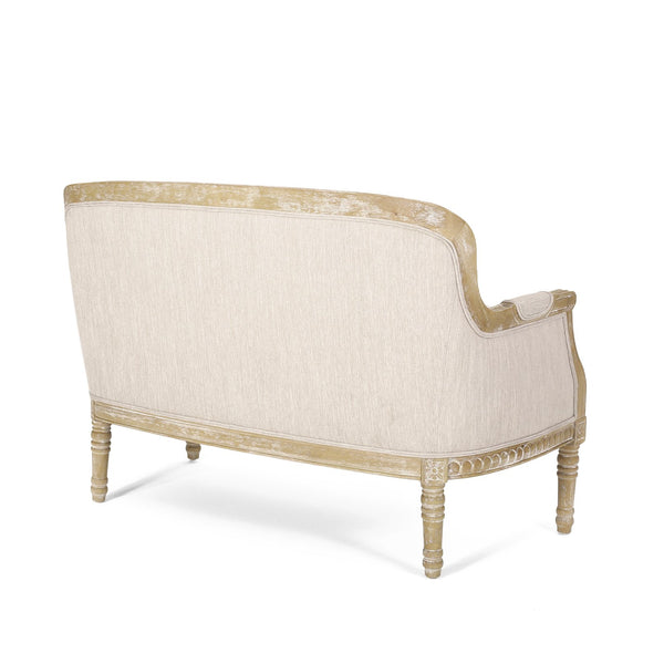 English Elm Loveseat French Country Style Turned Legs Padded Upholstery Compact Sitting Room Sofa 71063.00BGE
