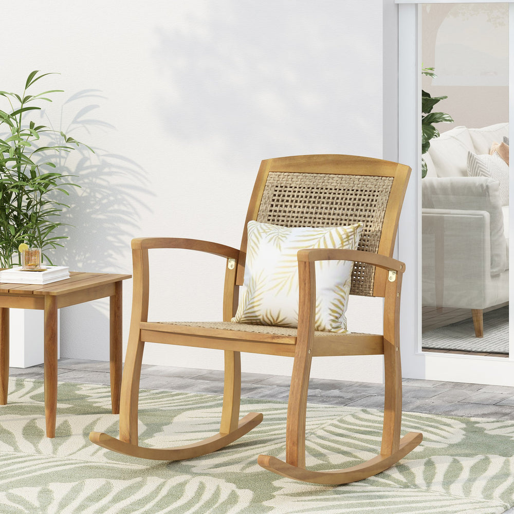 English Elm Christopher Knight Home® - ANTELOPE Acacia Wood Rocking Chair in Light Brown with Polyethylene Rattan Seat, Durable Outdoor Relaxer 71983.00MLBRN