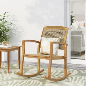 English Elm Christopher Knight Home® - ANTELOPE Acacia Wood Rocking Chair in Light Brown with Polyethylene Rattan Seat, Durable Outdoor Relaxer 71983.00MLBRN