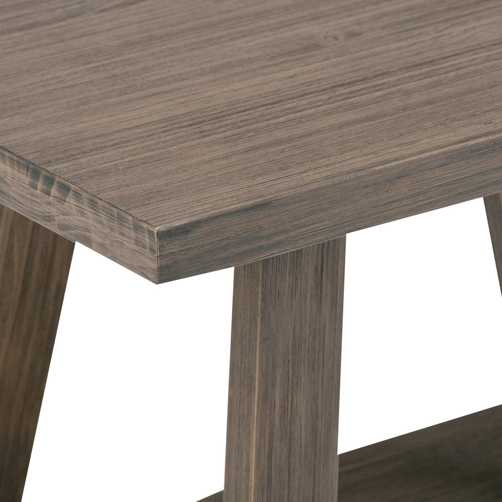 English Elm Dylan Driftwood Entryway Bench — Handcrafted Solid Wood, Trestle Support, 2-Seat, Shelf, Modern Industrial Design B136P158142