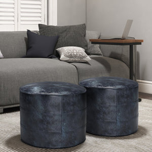 English Elm Connor Round Pouf - Artisan-Crafted Distressed Navy Blue Leather Accent For Stylish Living Spaces B136P159339