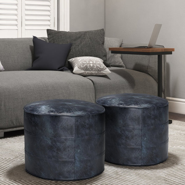 English Elm Connor Round Pouf - Artisan-Crafted Distressed Navy Blue Leather Accent For Stylish Living Spaces B136P159339
