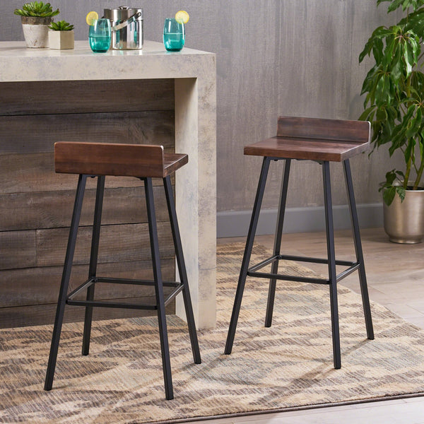 English Elm Christopher Knight Home® - JUT Bidwell Acacia Wood Bar Stool Set of 2 — Handcrafted Low-Back Counter Stools with Iron Legs Brown 64648.00DBRN