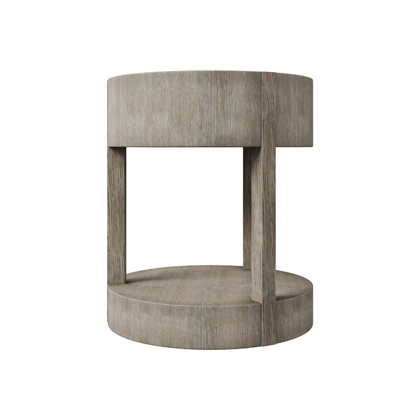 Bernhardt Bernhardt Calder Nightstand In Rustic Gray Quartered Oak — Round Modern Bedside Table W/ Drawer & Shelf 369212