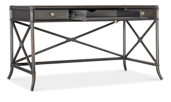 Hooker Furniture Retreat Coastal Pole Rattan Writing Desk With Dune Oak Veneer, 3 Drawers, Keyboard Ready, Rope Accents Dark Wood 6950-10458-99