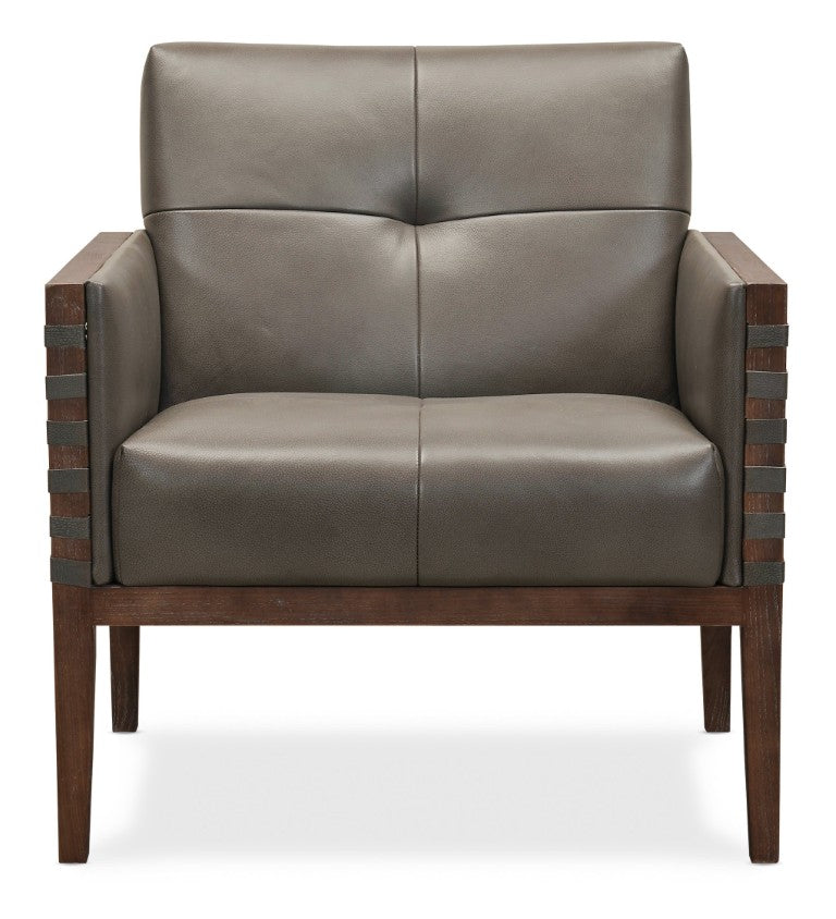 Hooker Furniture Carverdale Leather Club Chair Maddie Grey Semi-Aniline Top-Grain Leather Dark Hickory Frame, Tufted Elegance CC401-095