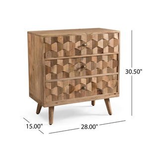 English Elm Christopher Knight Home® - Mid-Century Mango Wood 3 Drawer Chest with 3D Tile Weave, Antique Brass Knobs, Natural Finish 66414.00