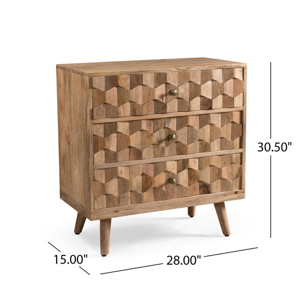 English Elm Christopher Knight Home® - Mid-Century Mango Wood 3 Drawer Chest with 3D Tile Weave, Antique Brass Knobs, Natural Finish 66414.00