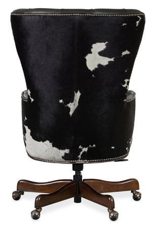 Hooker Furniture Katherine Executive Swivel Tilt Chair In Graphite Aniline Leather With Black & White Hair-On-Hide Accent, Tufted Wood Base EC448-097