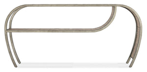 Hooker Furniture Commerce Rustic Pewter Console Table 74" W Curved Open-Ended Design With Planked Wood Shelf, Distressed Finish 7228-80207-85