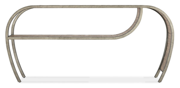 Hooker Furniture Commerce Rustic Pewter Console Table 74" W Curved Open-Ended Design With Planked Wood Shelf, Distressed Finish 7228-80207-85