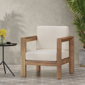 English Elm Christopher Knight Home® - GENSER Acacia Wood Outdoor Club Chairs Set of 2 with Beige Cushions, Weather-Resistant Slat Design 65728.00DLBGE-2